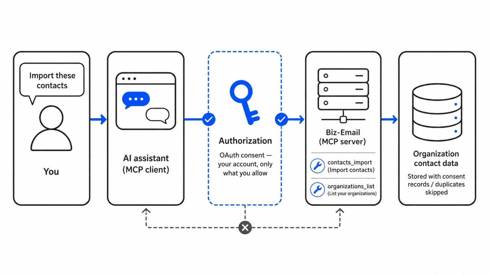 A request from you passes through an AI assistant and reaches Biz-Email's contact data only after OAuth consent; the path that skips authorization is blocked